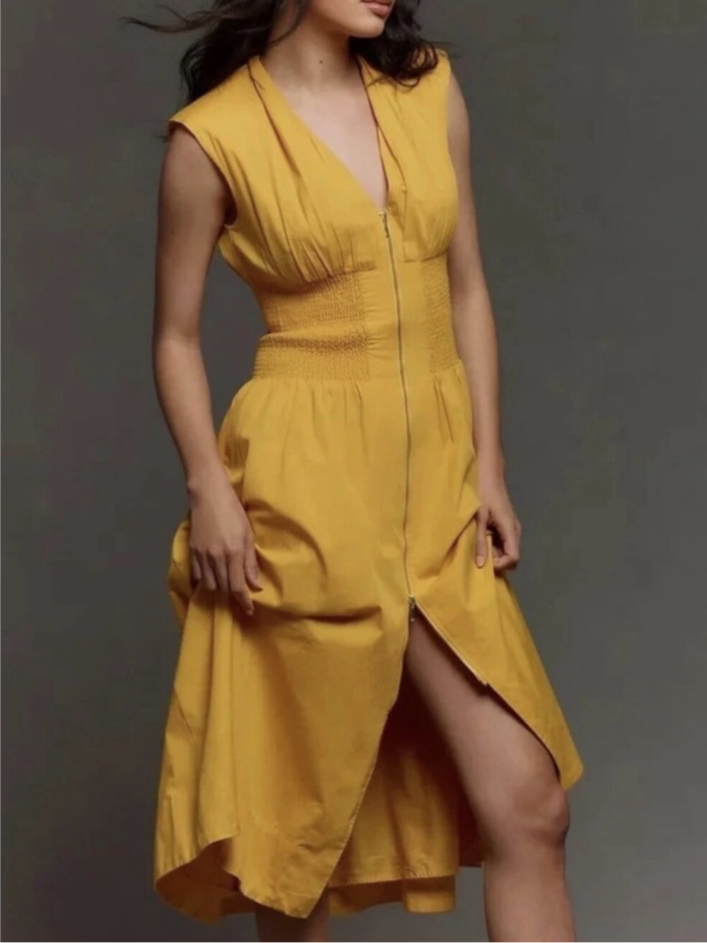 Anthropologie Mustard Yellow High-Low Zip-Front Dress